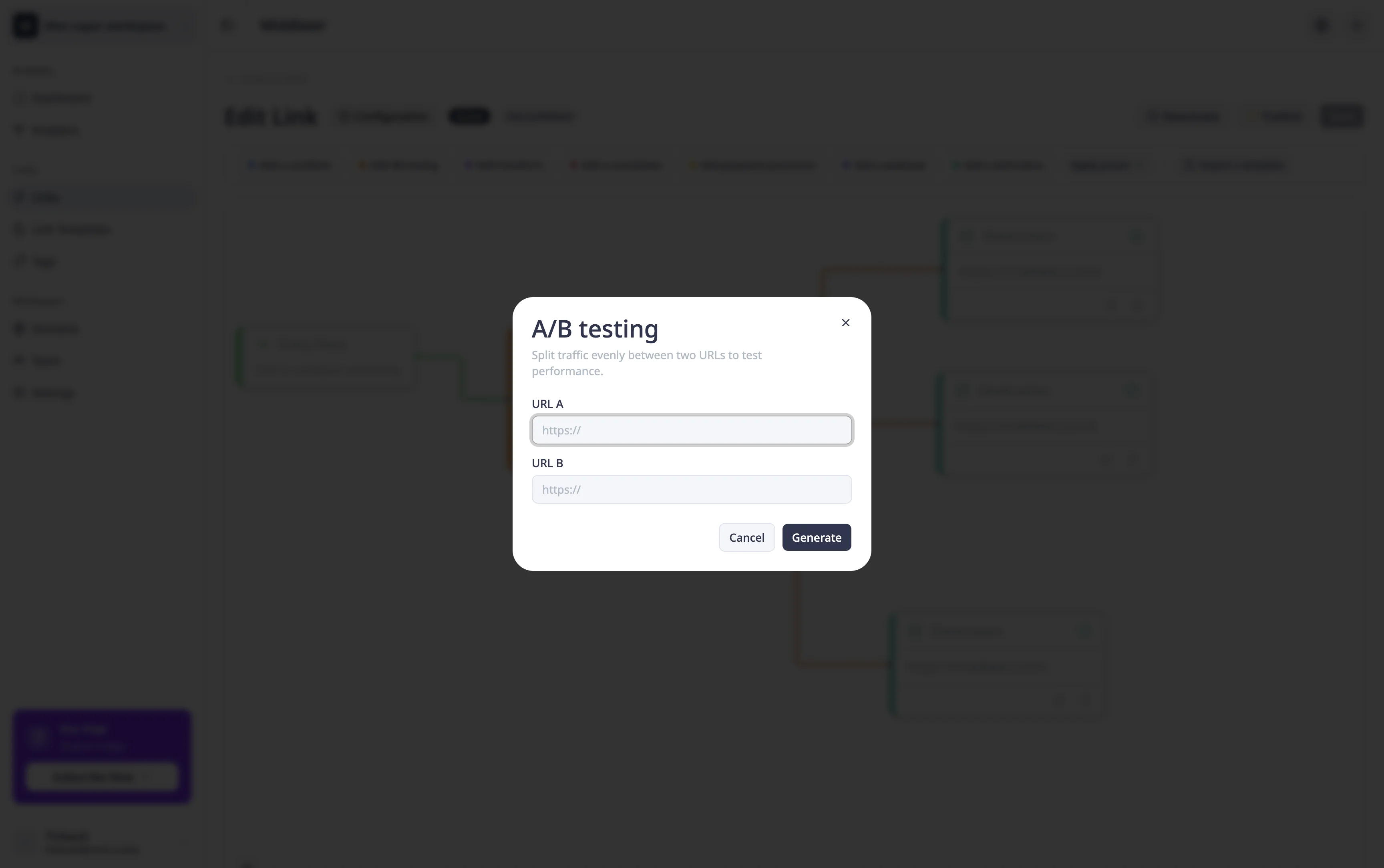 A/B-Testing-Preset-Dialog mit zwei URL-Feldern