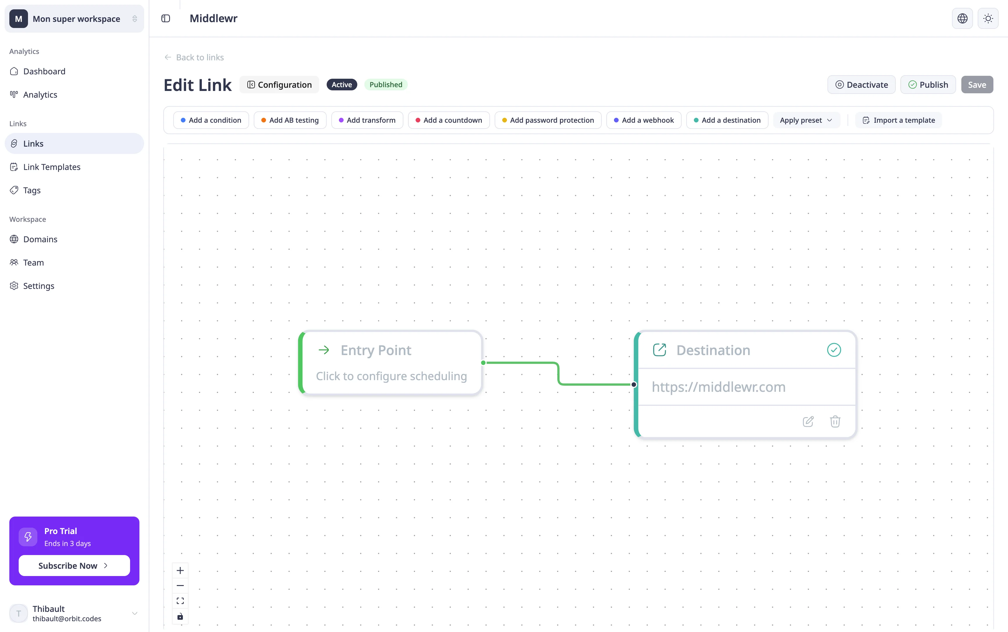 Link detail page with rule graph editor