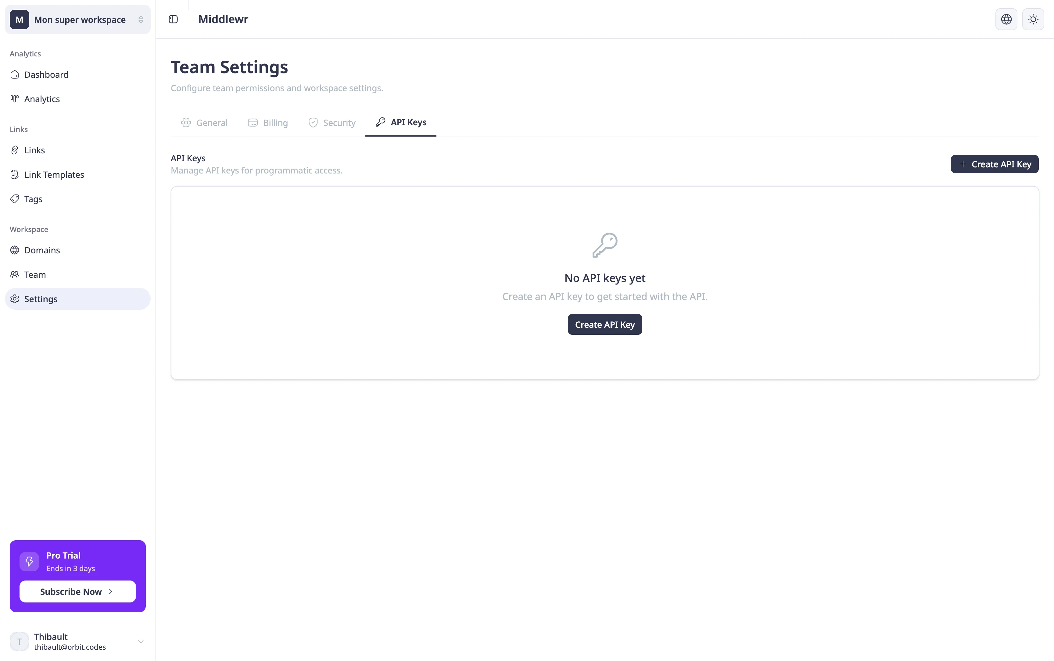 Page des paramètres Clés API