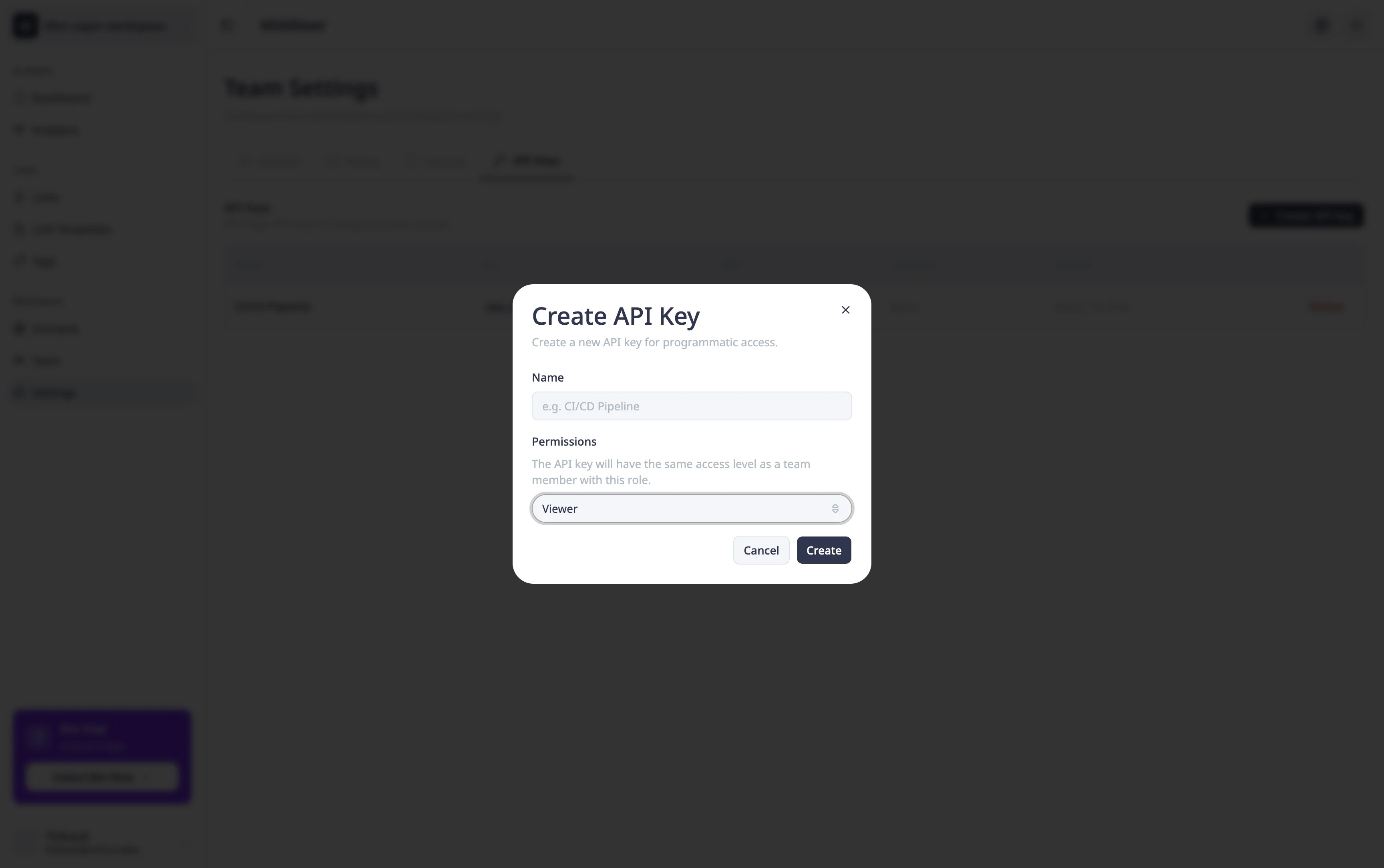 Fenêtre de création de clé API