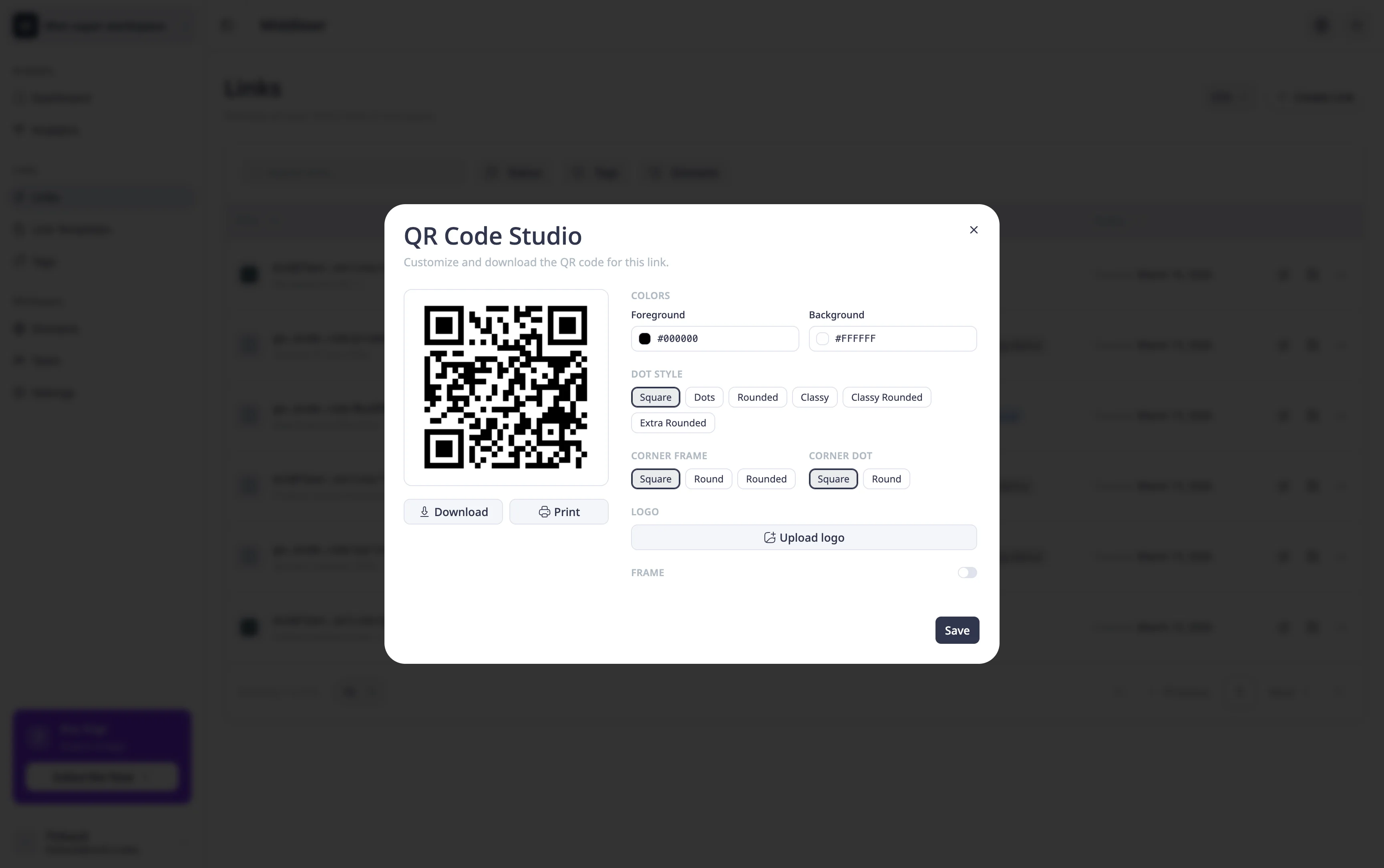 Modal QR Code Studio mostrando la vista previa en tiempo real a la izquierda y el panel de personalización a la derecha