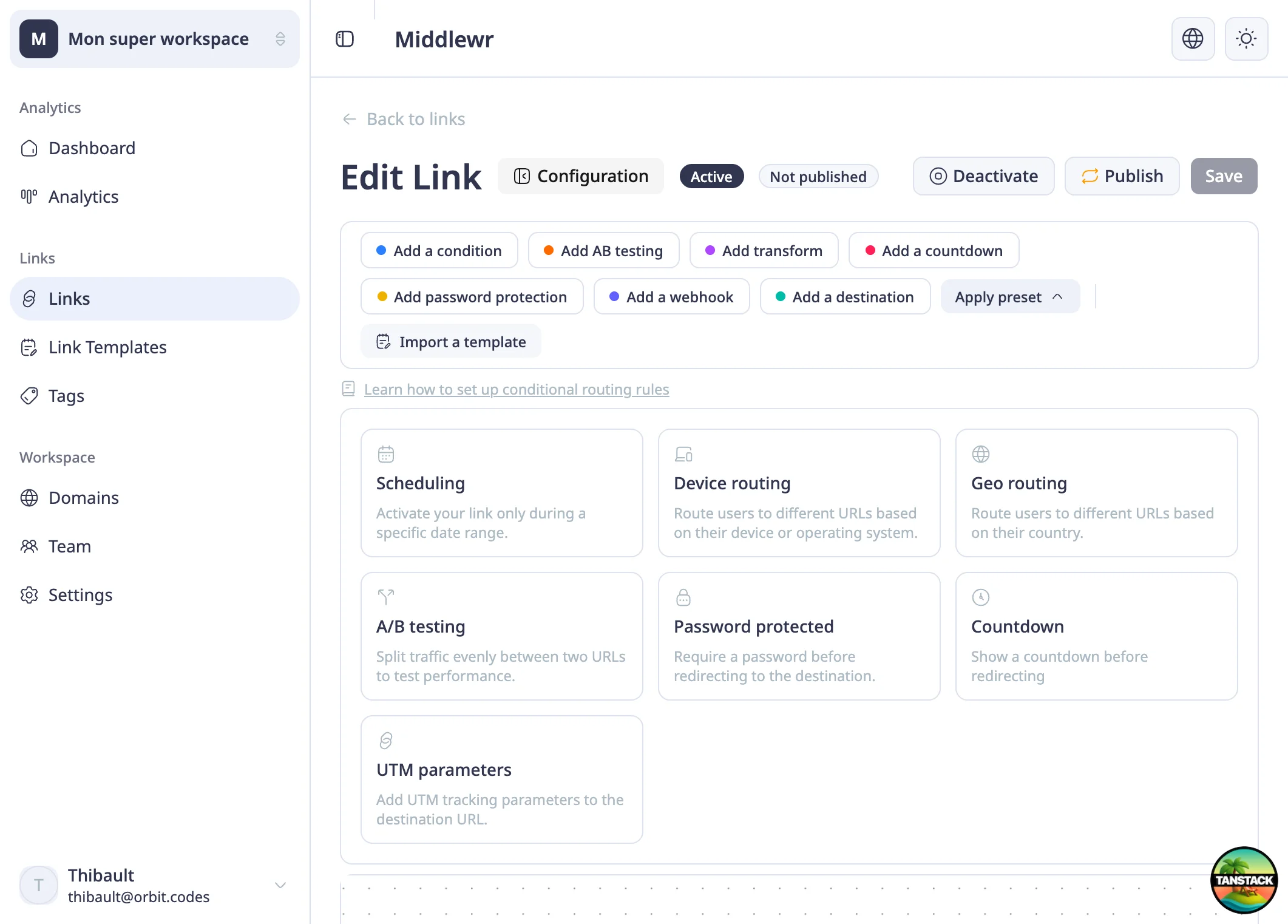 Link-Editor mit Preset-Karten und UTM-Parameter-Option
