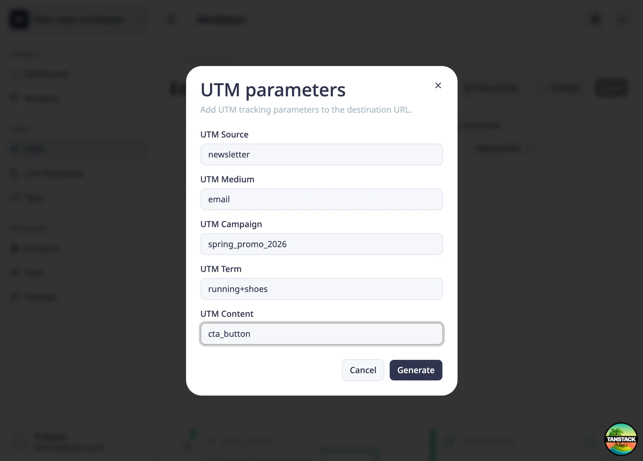 UTM-Parameter-Dialog mit Beispielwerten ausgefüllt